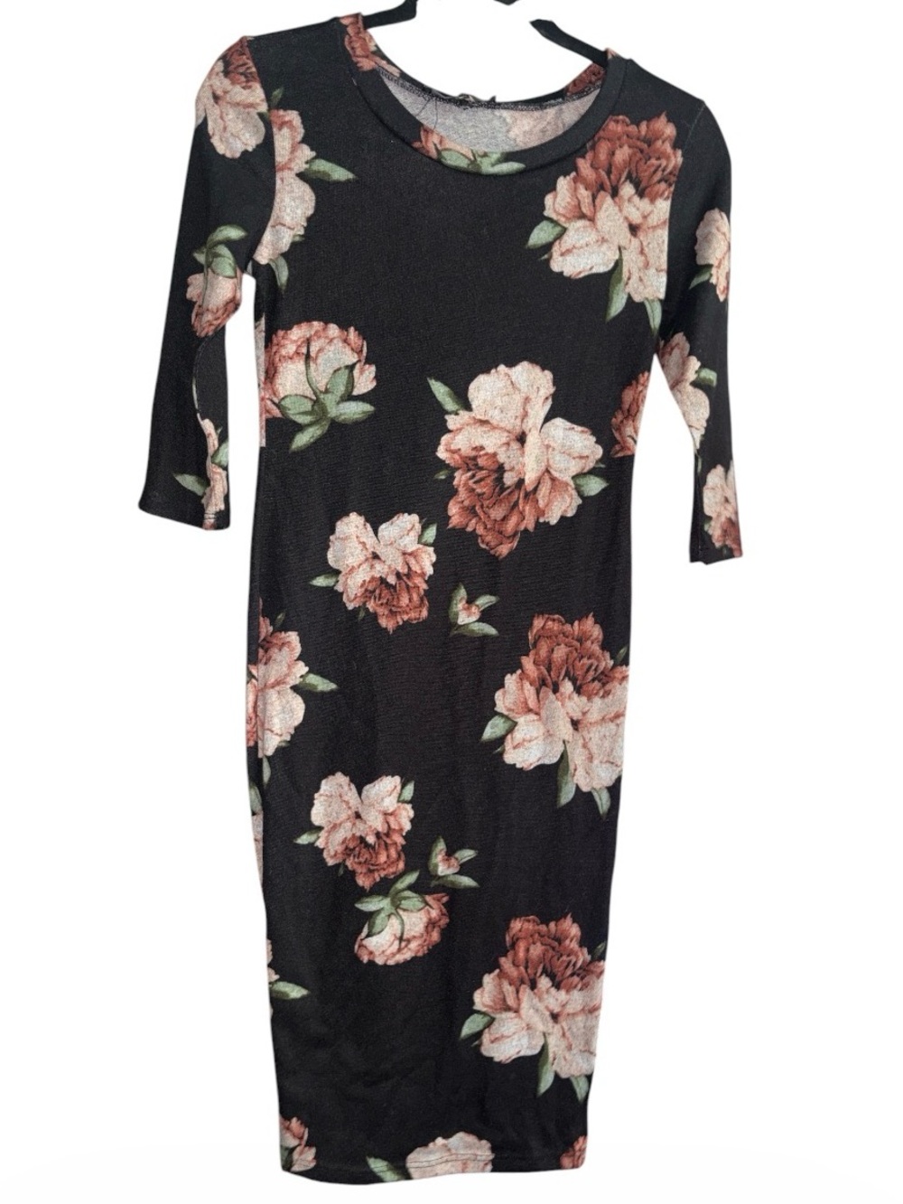 VIBE Soft Floral Stretch Midi Dress in Black with Blush Peonies